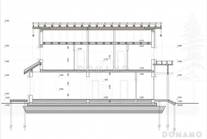Проект загородного дома с террасой, гостиной с эркером, сауной, пятью спальнями на мансардном этаже