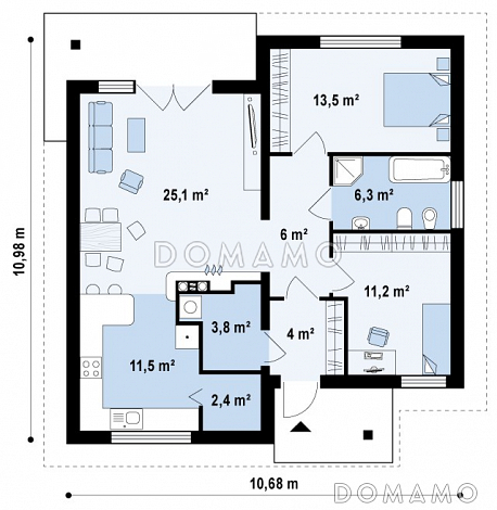 Проект одноэтажного дома из кирпича с двумя спальнями и крытой террасой / План 1 этажа