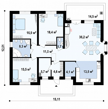 Проект одноэтажного дома из газобетона с зоной барбекю на террасе  / План 1 этажа