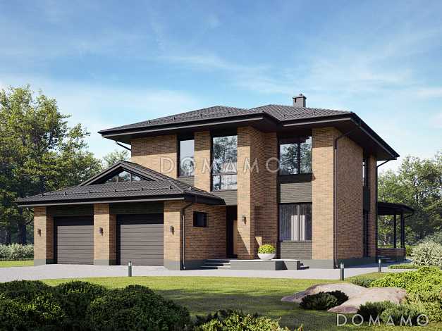 Проект двухэтажного дома  с 4 спальнями, кабинетом, гаражом на 2 машины и квадратной террасой