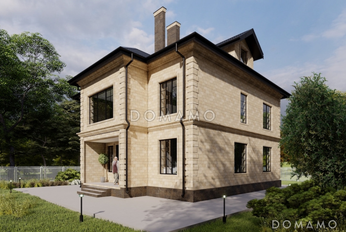 Проект дома с 4 спальнями на мансарде, кабинетом, изолированной кухней и просторной гостиной-столовой