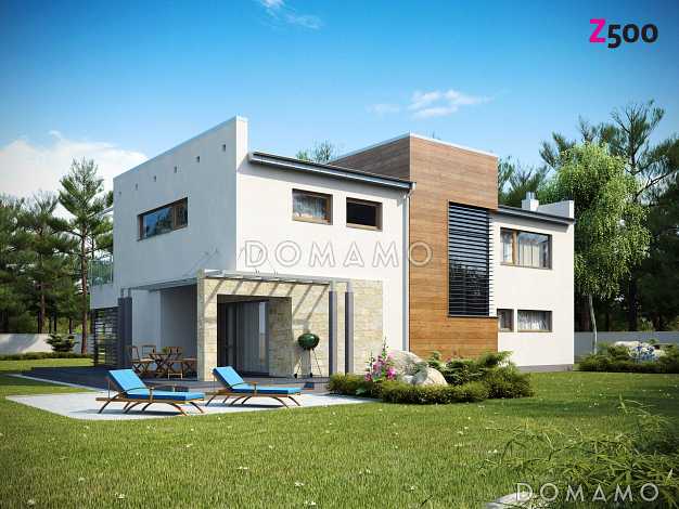 Проект современного двухэтажного дома в стиле хай-тек из кирпича с плоской крышей, гаражом и балконом