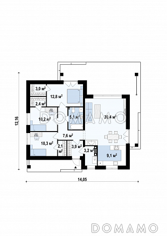 Проект простого комфортного одноэтажного дома из газобетона для небольшой семьи с тремя спальнями / План 1 этажа