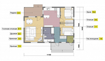 Проект одноэтажного каркасного дома с двумя спальнями и небольшой террасой / План 1 этажа