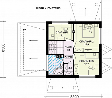 Проект одноэтажного дома из газобетона с мансардой, эркером, гаражом и шатровой ломанной крышей / План мансардного этажа