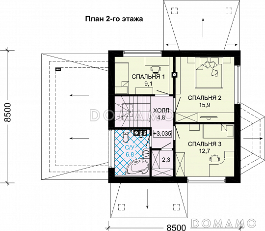 Проект одноэтажного дома из газобетона с мансардой, эркером, гаражом и шатровой ломанной крышей / План мансардного этажа