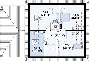 Проект большого одноэтажного мансардного дома из кирпича с тремя спальнями на каждом этаже и гаражом / План мансардного этажа