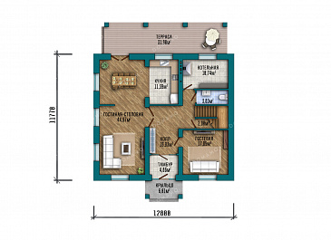 Проект двухэтажного дома, облицованного кирпичом, с 5 спальнями и террасой / План 1 этажа