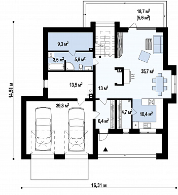 Проект современного двухэтажного дома из газобетона с четырьмя спальнями, сауной и большим гаражом / План 1 этажа