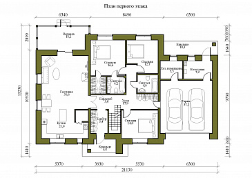 Проект одноэтажного дома с мансардой, верандой и гаражом на 2 машины / План 1 этажа