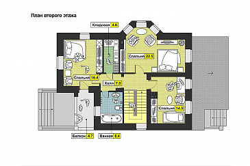 Частный дом с эркером, крытой террасой, балконом, большой кладовой на мансарде / План 2 этажа