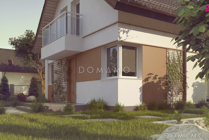 Проект классического одноэтажного мансардного дома из газобетона с эркером в столовой зоне, балконами и хозяйственным помещением