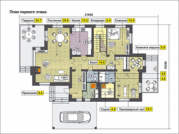 Проект загородного дома с террасой, навесом на одну машину, верандой с камином на втором этаже / План 1 этажа