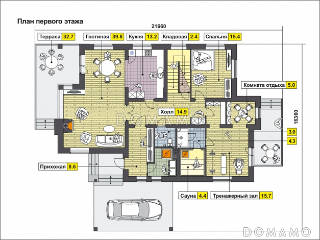 Проект загородного дома с террасой, навесом на одну машину, верандой с камином на втором этаже / План 1 этажа