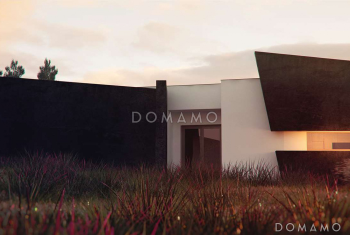 Проект современного одноэтажного дома из газобетона необычного дизайна с плоской крышей и с тремя спальнями