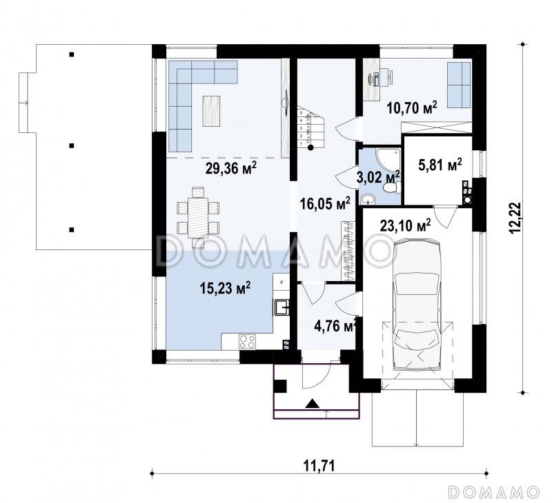 Проект современного двухэтажного дома из кирпича с четырьмя комнатами, гаражом и балконом / План 1 этажа