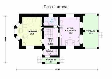 Проект гармоничного, кирпичного дома с эркером, сауной и коричневой крышей / План 1 этажа