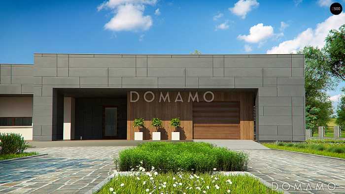 Проект современного одноэтажного дома из газобетона с тремя спальнями, гаражом и внутренним двориком