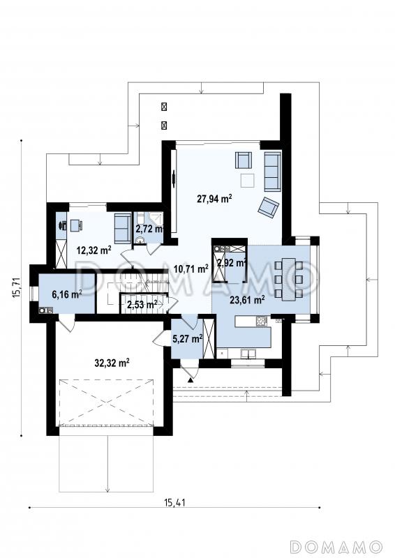 Проект красивого двухэтажного коттеджа из газобетона с террасами на втором уровне / План 1 этажа
