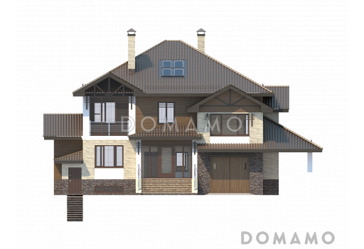 Проект особняка в трех уровнях, с комнатой отдыха на чердаке, с мастерской, гаражом и навесом под автомобиль / Фасад 4