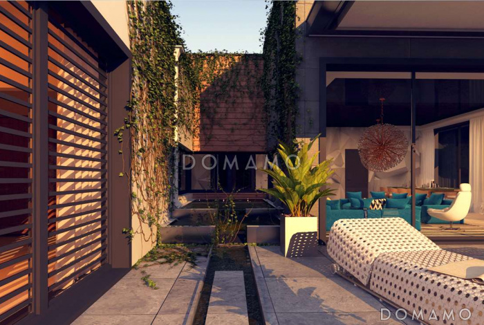 Проект современного одноэтажного дома из кирпича с плоской крышей, с тремя спальнями, большой террасой и навесом