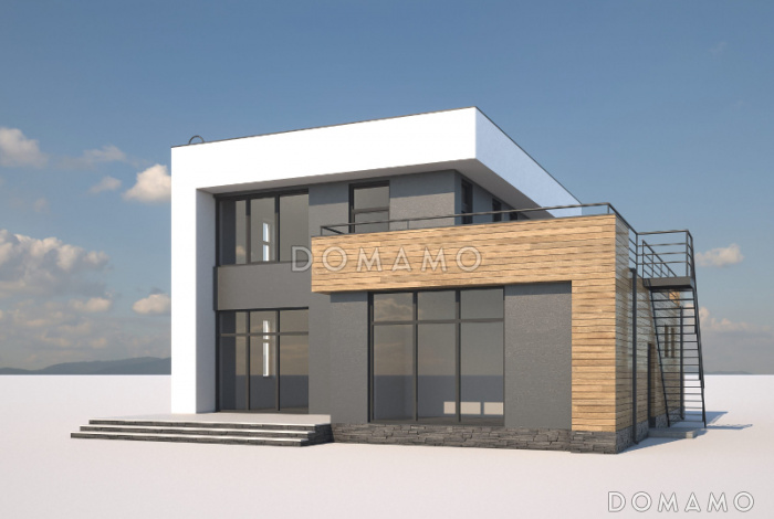 Проект дома с гаражом, террасой, хозяйской спальней, эксплуатируемой кровлей на втором этаже