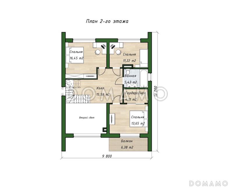 Проект двухэтажного дома с тремя спальными комнатами, балконом и сауной / План 2 этажа
