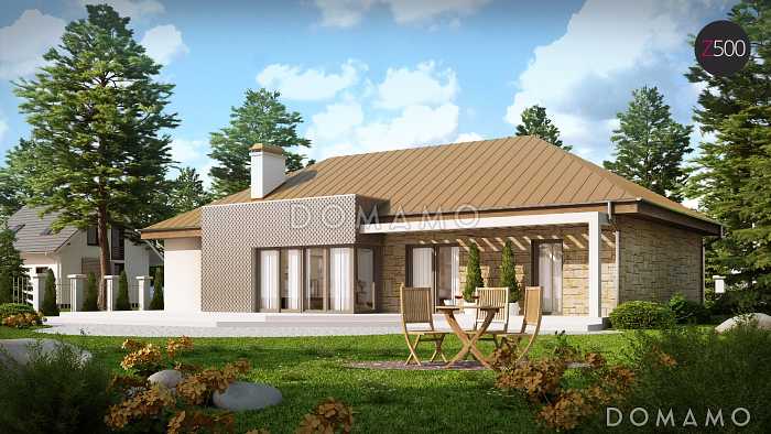 Проект одноэтажного дома из кирпича с прямоугольным эркером в современном архитектурном исполнении и со встроенным гаражом