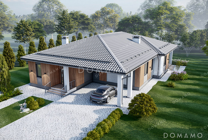 Проект одноэтажного дома с кабинетом, навесом для машины, тремя спальнями и небольшой угловой террасой