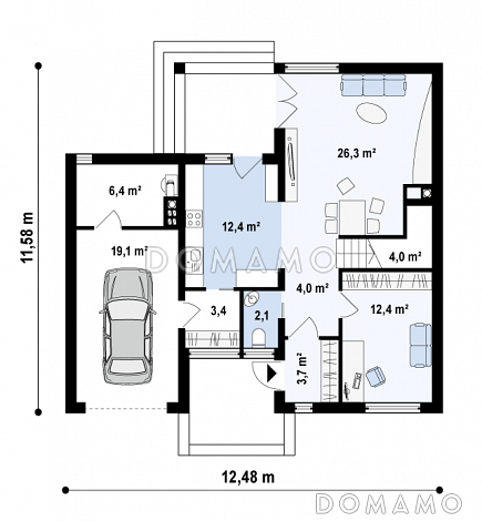 Проект современного двухэтажного дома из газобетона с четырьмя спальнями, кабинетом и пристроенным гаражом / План 1 этажа