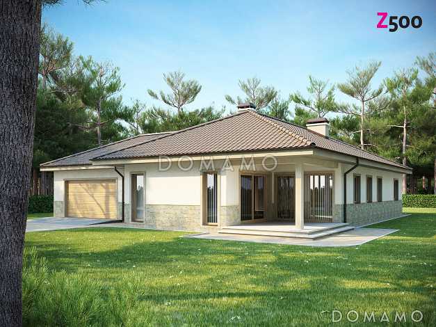 Проект просторного одноэтажного дома из газобетона с тремя спальнями, большой гардеробной и гаражом на два автомобиля