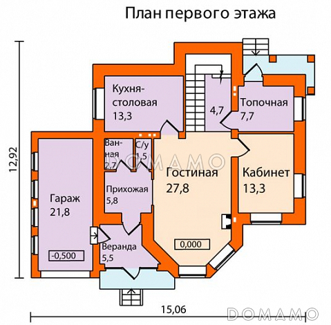 Проект кирпичного дома с пристроенным боксом на одну машину / План 1 этажа