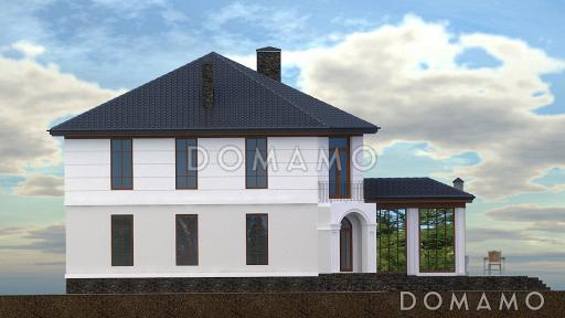 Проект дома с входом с угла здания, террасами, кладовой в кухне, сауной, хозяйской спальней и детскими / Фасад 3