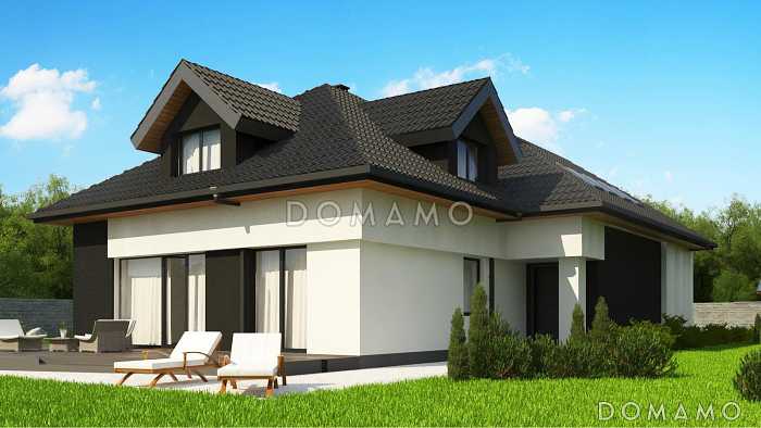 Проект дома с гаражом, постирочной, слуховыми и мансардными окнами в мансарде