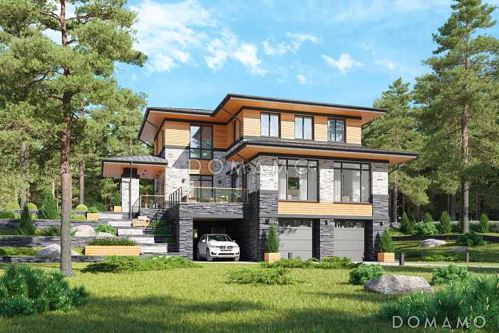 Проект дома с гаражом на 2 машины и навесом, сауной, террасой, кабинетом, детской