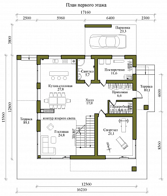 Проект двухэтажного газобетонного дома в стиле хай-тек с масштабным остеклением, вторым светом и спортзалом / План 1 этажа