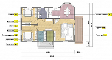 Проект одноэтажного каркасного дома с эркером и небольшой крытой террасой / План 1 этажа