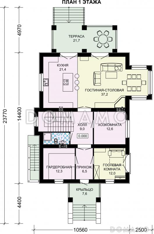 Проект дома из газобетона с просторным балконом на втором этаже / План 1 этажа