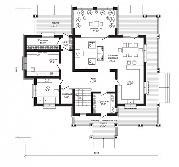 Проект двухэтажного дома из клееного бруса с зимним садом / План 1 этажа