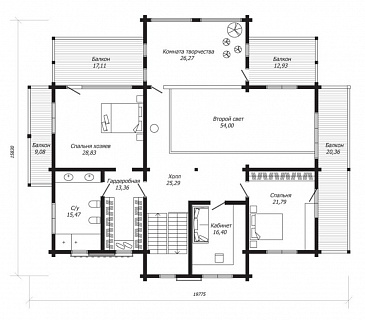 Проект двухэтажного дома из клееного бруса с зимним садом / План 2 этажа