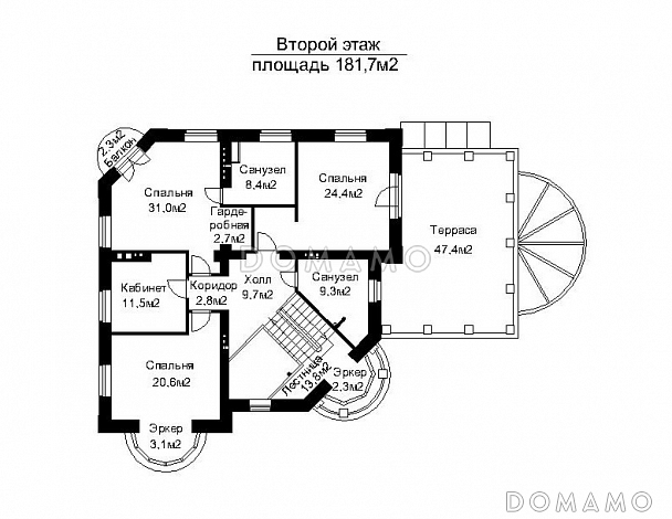 Проект дома с открытой террасой главного входа и пристроенным бассейном   / План 2 этажа