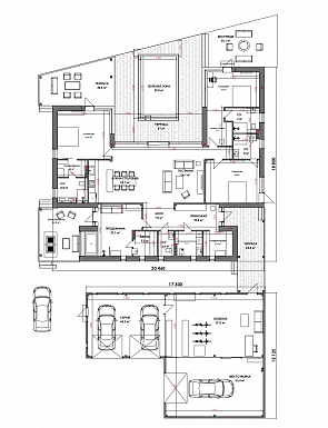 Проект одноэтажного дома с зоной барбекю, сауной и гаражом / План 1 этажа