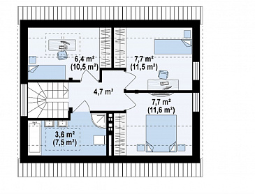 Проект компактного одноэтажного мансардного дома из кирпича с дополнительной спальней на первом этаже, адаптированный для сейсмоопасных регионов / План мансардного этажа