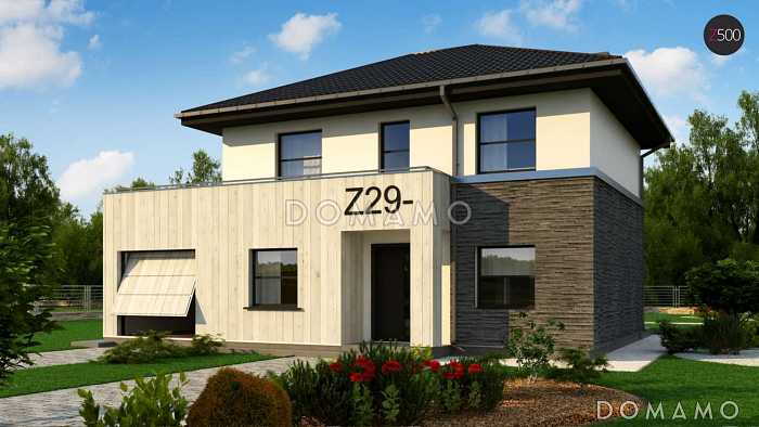 Проект обновлённого двухэтажного дома из газобетона с гаражом и большой террасой на втором этаже