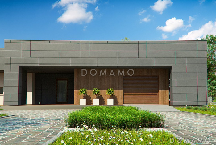 Проект современного одноэтажного дома из кирпича с тремя спальнями, гаражом и внутренним двориком