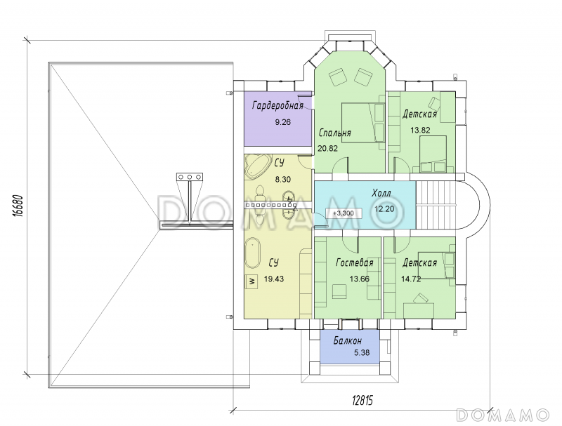 Проект двухэтажного дома с цокольным этажом, гаражом, эркером и террасой / План 2 этажа