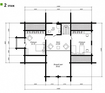 Проект дома из бруса с просторной гостиной со вторым светом / План мансардного этажа