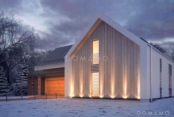 Проект современного одноэтажного мансардного дома из кирпича с панорамным остеклением, вторым светом и с гаражом