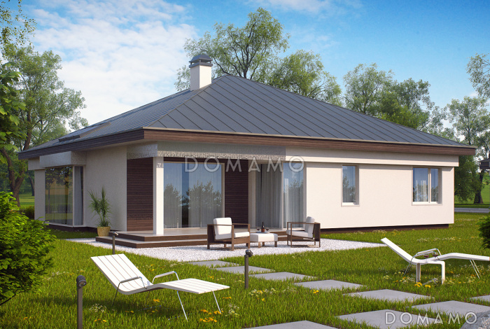 Проект одноэтажного дома с гаражом на 2 машины, кухней с кладовой, мастер-спальней, террасой