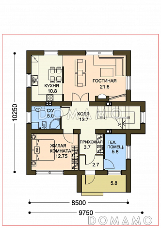 Проект коттеджа с пятью спальнями, коричневой крышей и белыми оштукатуренными стенами / План 1 этажа